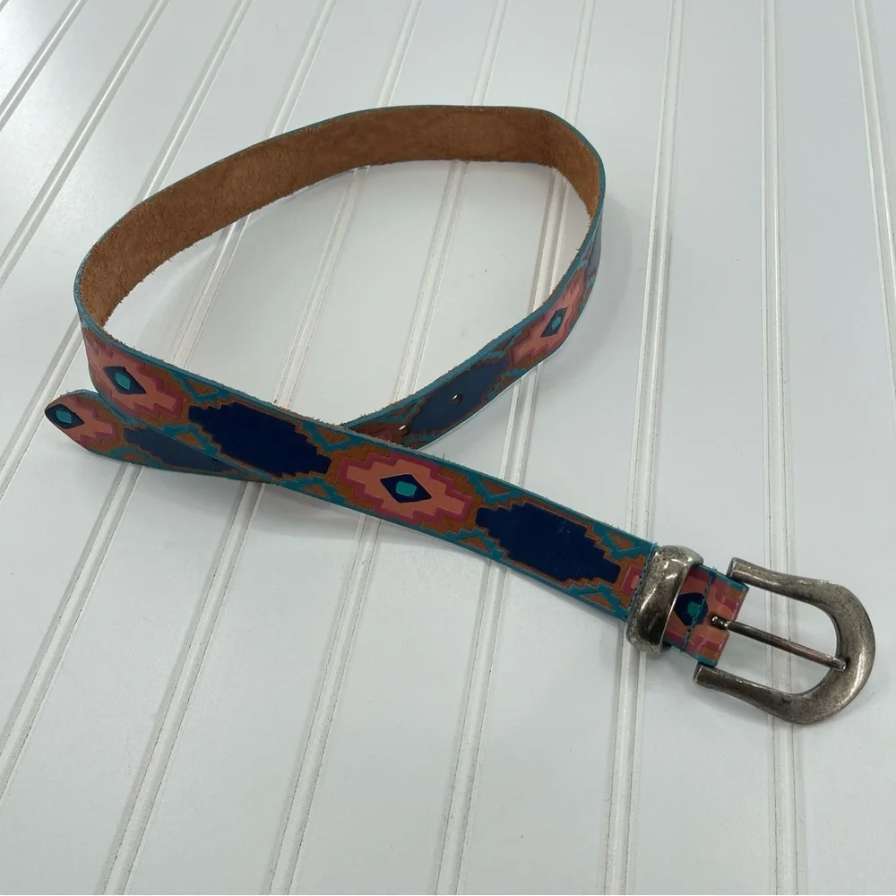 80's Vintage Western MILOR Aztec Hand Painted Genuine Leather Tooled Belt M/L